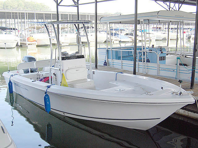  center console boat with universal ttop by Stryker T-Tops installed
