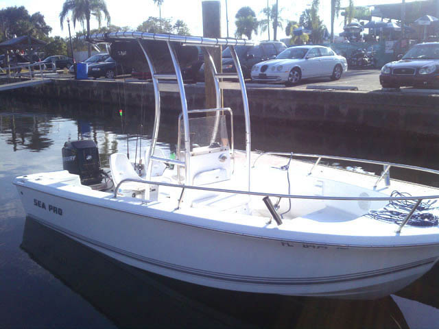 Sea Pro center console boat with universal ttop by Stryker T-Tops installed